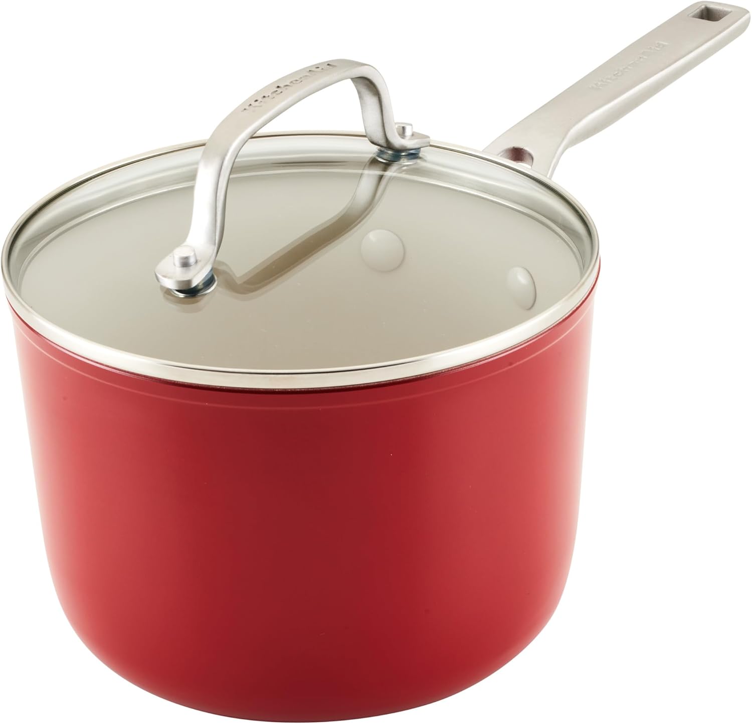 KitchenAid Hard Anodized Ceramic Nonstick Cookware Sauce Pan with Lid, 3 Quart - Empire Red
