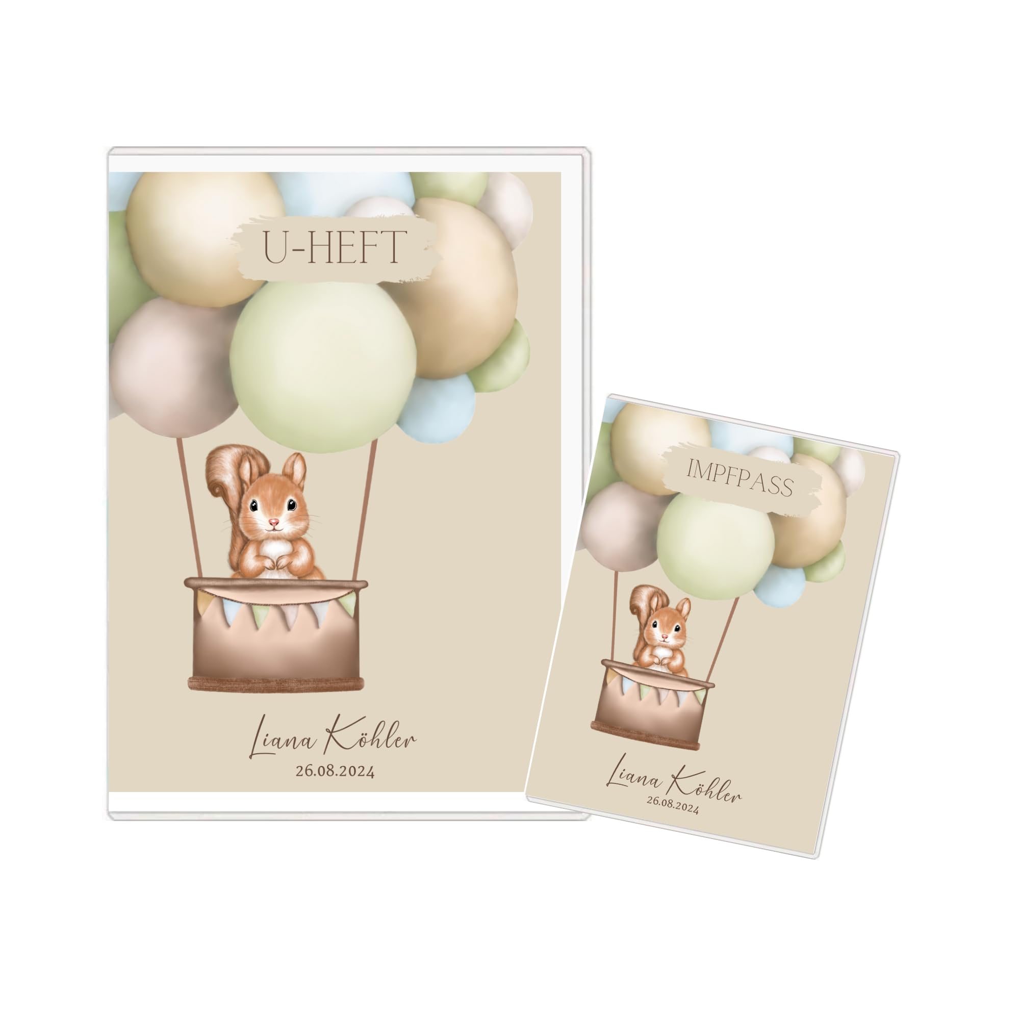 U-Heft- und Impfpass Hüllen Set personalisiert, Untersuchungsheft mit Name und Geburtsdatum, viele Tiermotive, Geschenk zur Geburt, Taufe, Schutz UHeft und Impfpass (Eichhörnchen)