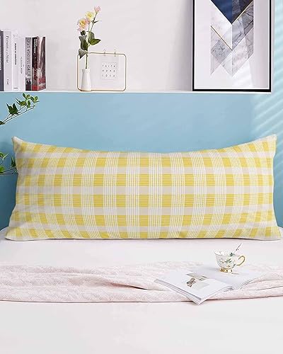 Miniatura 2 de Funda de almohada corporal a cuadros amarillos, fundas de almohada suaves decorativas para sofá largo lumbar con cierre de sobre, diseño rústico de