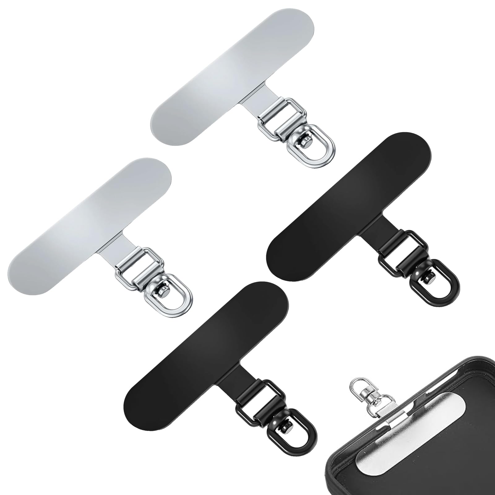 360° Rotatable Phone Tether Tab Pack of 4, Anti - Theft Mobile Lanyard Patch with Hook for Phone Strap, Sling, Charm, Wrist Strap & Chain (2 Black + 2 Silver)-image-6