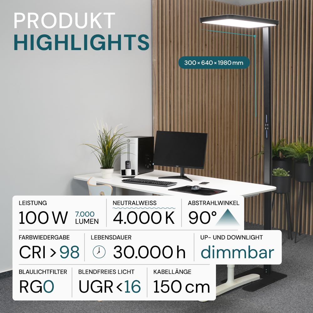 LUXULA LED Büro Stehleuchte, dimmbar, CRI>98 Vollspektrum, UGR<16 blendfrei, RG0 Blaulichtfilter, 4000K Neutralweiß, 2x 50W Uplight und Downlight, 7000lm, schwarz - Arbeitsplatz Stehlampe Deckenfluter