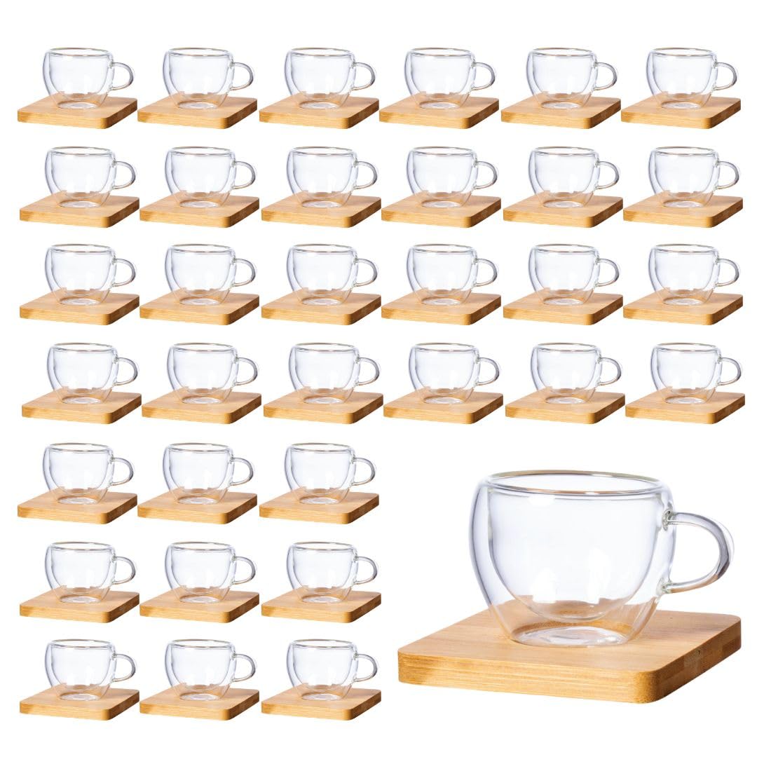 Lote 50 Tazas Cristal Doble Pared 60 ml con Posavasos de Bambú – Pack para Hostelería – Cafetería, Bar, Hotel, Restaurante – Tazas al Por Mayor