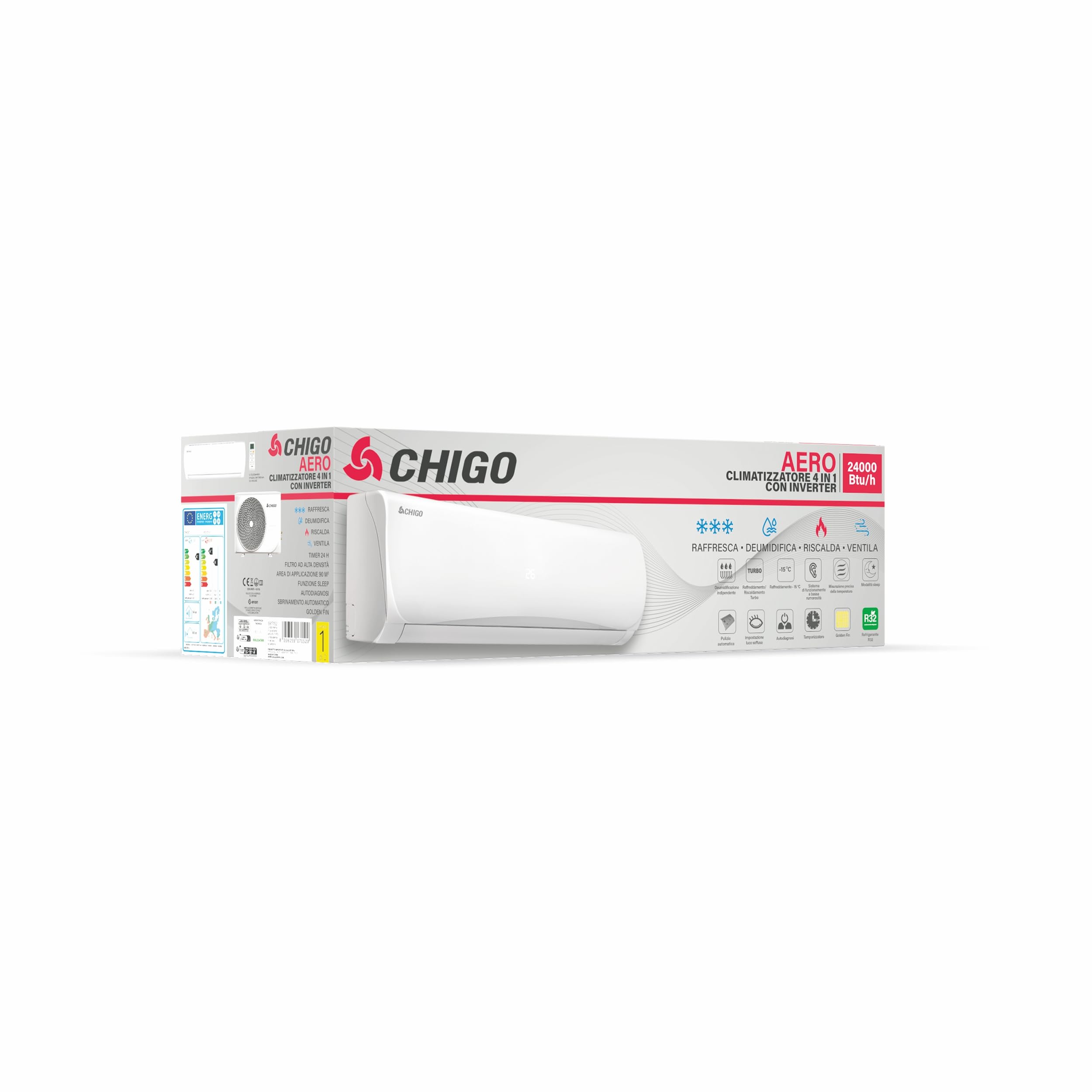 Climatizzatore inverter a pompa di calore con telecomando 24000 Btu, Aero Chigo