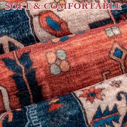 SERISSA Washable Rugs 8x10 Area Rugs, Large Non-Slip Boho Living Room Rust Rug, Ultra Soft Vintage Print Distressed Oriental Tribal Farmhouse Carpet for Dining Room Bedroom Dorm Office Home Decor