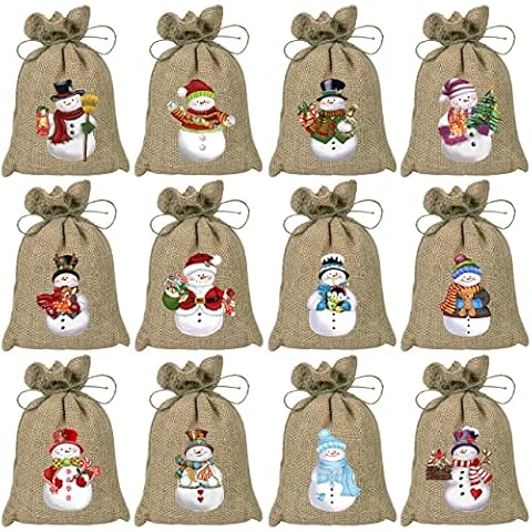 BORAMDO Christmas Burlap Gift Bags with Drawstrings 24Pcs, Watercolor 12 Designs Christmas Snowman Linen Wrapping Bags, Small Christmas Treat Candy Bags for Holiday Party Favor Supplies… Cover