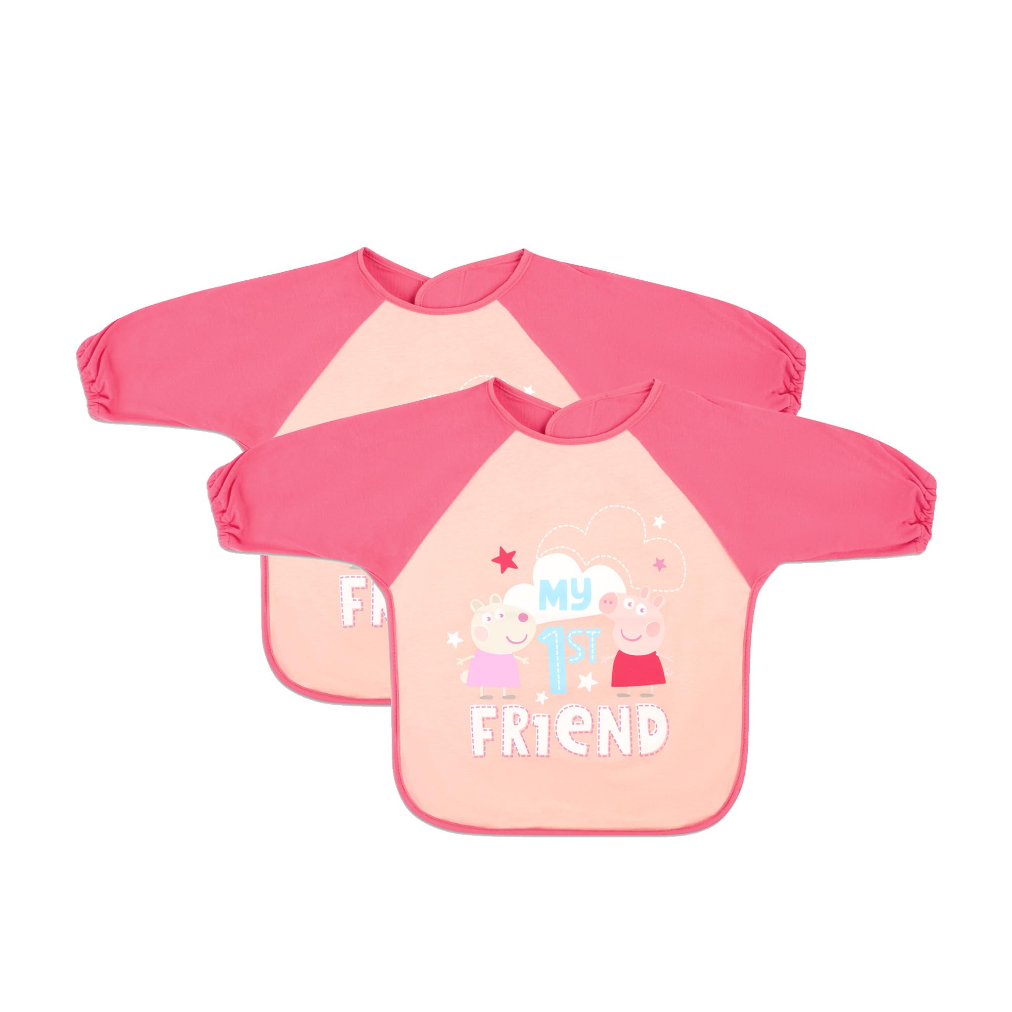Peppa Pig Long Sleeve Bib, Multipack Waterproof Lining, Elasticated Cuffs, Hook & Loop Neck Fastener For Babies, Toddler 6M+ Machine Washable Fabric Coverall Bib (2, Pink, One Size)