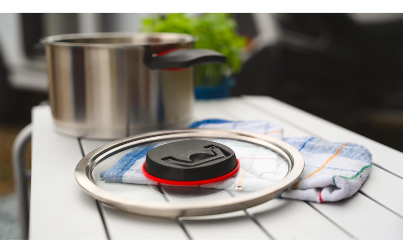 BERGER RedSilva Topfset Induktion 6-tlg. | Camping Kochgeschirr-Set aus Edelstahl | Kochtopf Set Outdoor mit Glasdeckel & klappbaren Griffen | Picknick Topf Geschirrset stapelbar
