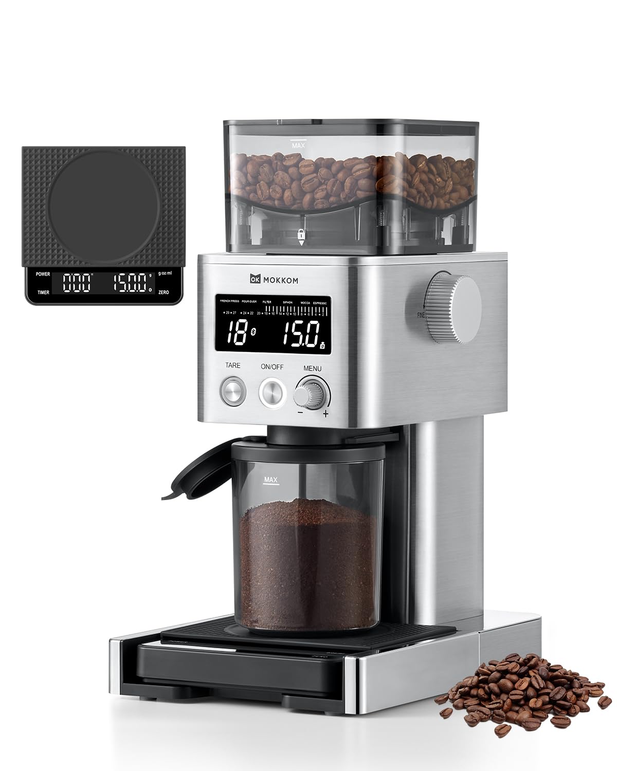 MOKKOM Electric Conical Burr Coffee Grinder with Removable Coffee Scale