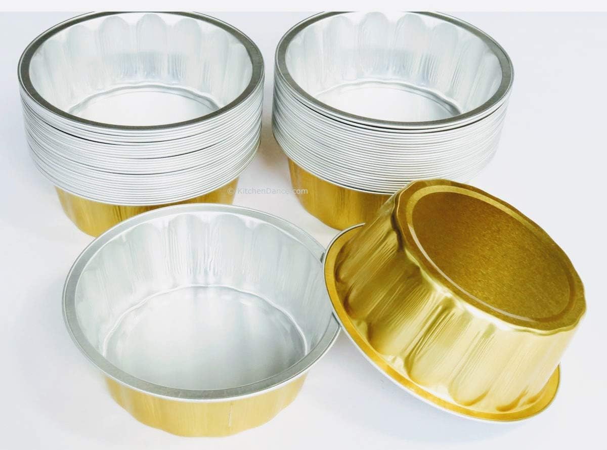 KitchenDance Disposable Aluminum Individual Dessert Pan with Lid- 8 Ounces Round Aluminum Foil Cake Cups for Brulee, Flan - Baking Pan perfect for Baking, Storing, Preparing Food - A8P, (Gold, 1000)