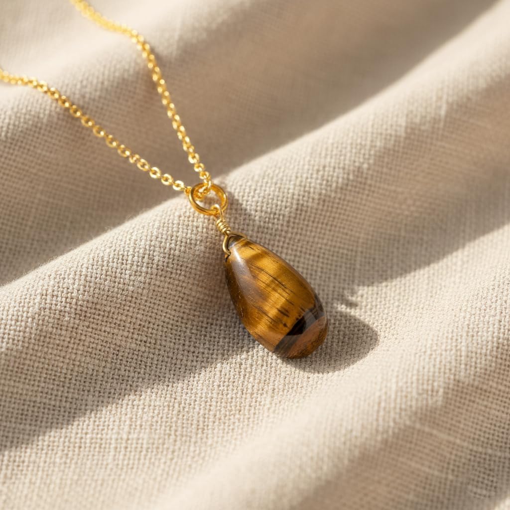 Natural Tiger Eye Pear Shape Pendant Necklace for Women | Gold Plated Hypoallergenic Dainty Crystal Jewelry | Strength & Confidence Stone Curb Chain 16"+2" (Tigers Eye) - Image 3
