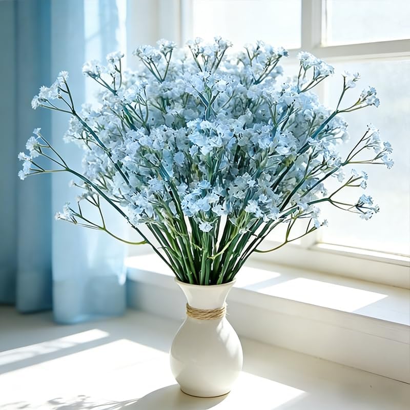 10 Pcs Babys Breath Light Blue Artificial Flowers, Real Touch Gypsophila Fake Flowers for Wedding, Home Decor, Vase Filler, Table Centerpieces, Party Decorations