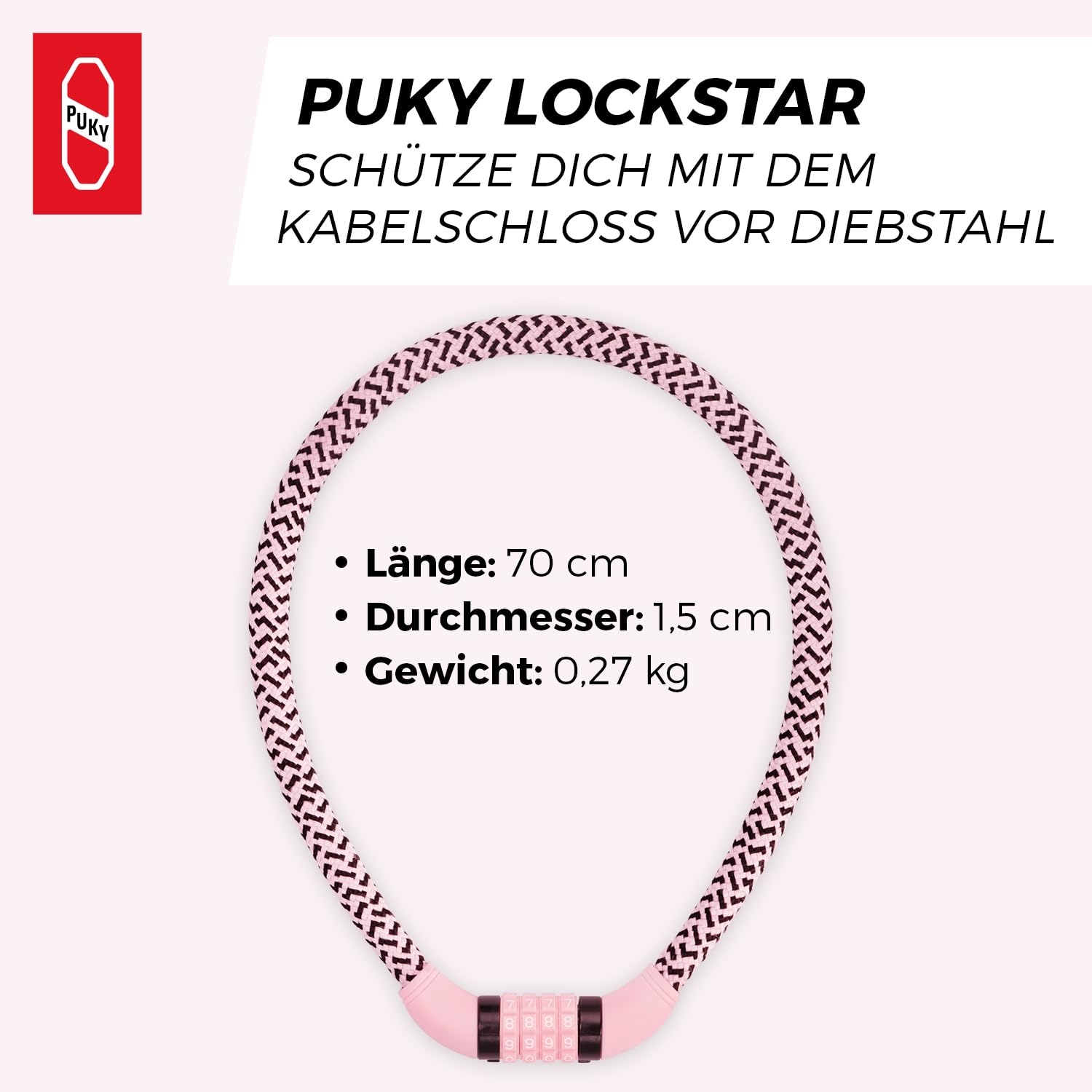 PUKY Lockstar Câble Antivol Rétro Vert | Câble En Acier Flexible De 70 Cm | Code Numérique Individuel à 4 Chiffres | Protection Antivol | Sûr Et élégant | Robuste Et Durable