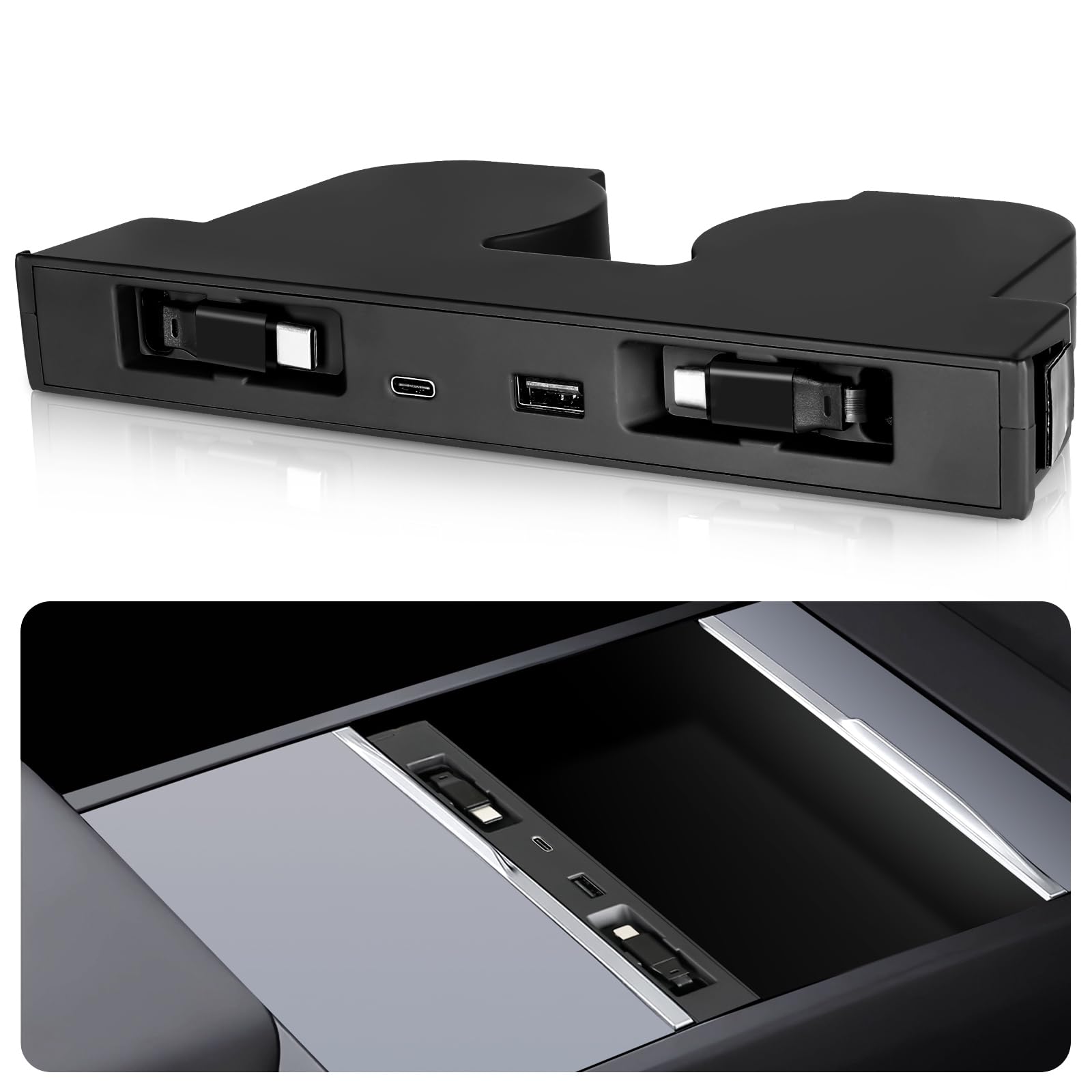 USB Hub for Tesla Model Y Juniper 2025 2026 Model 3 Highland 2024 2025 with Sunken Design, 117W Dual Type-C Retractable Cables 4 in 1 Multi Port Fast Charger Docking Station fit Center Console