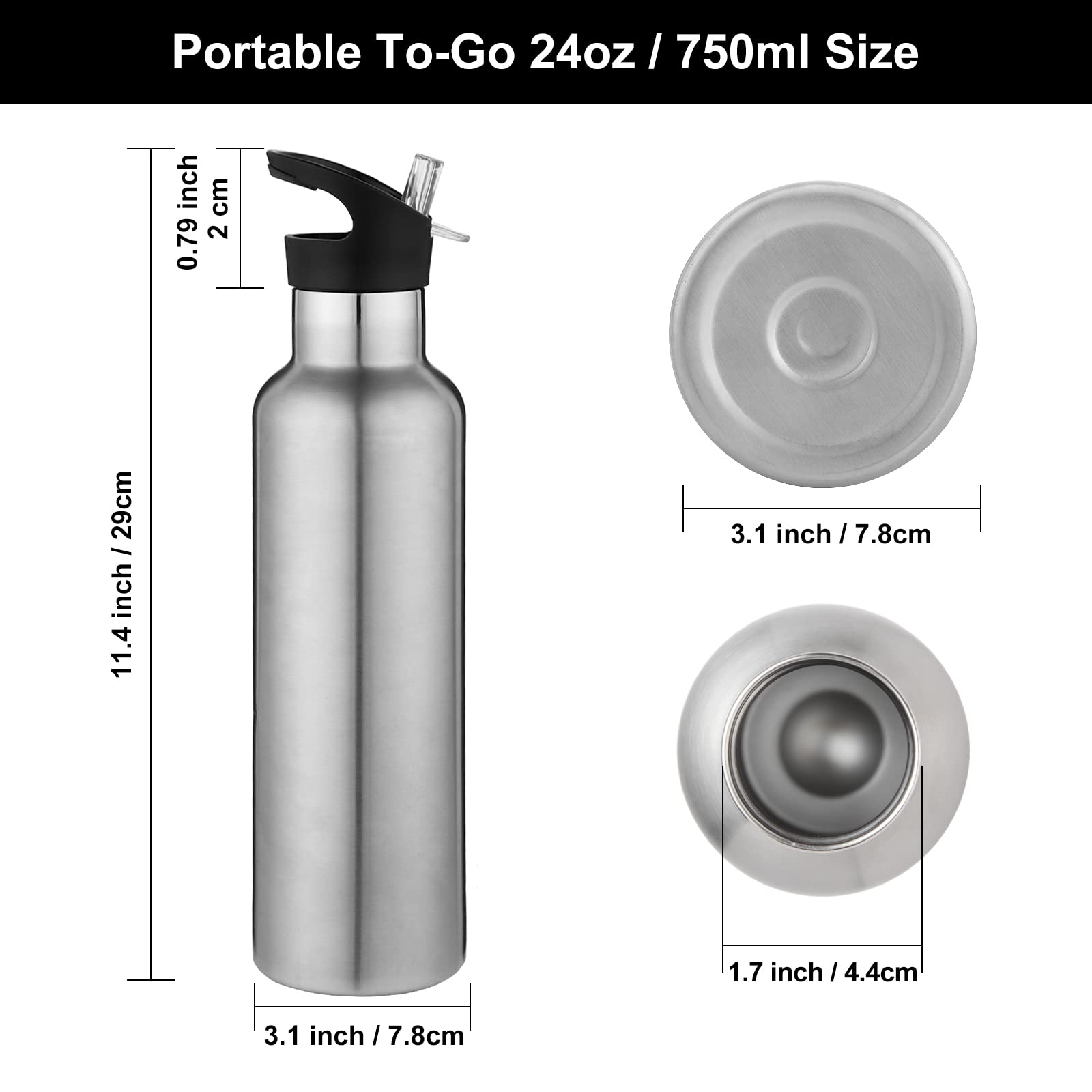 Botellas de agua de acero inoxidable de 24 onzas (plata, juego de 4)
