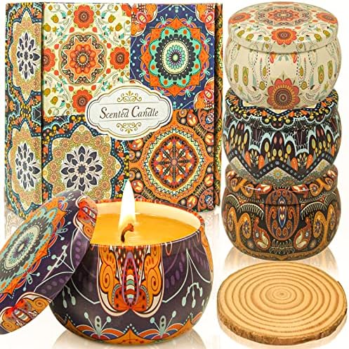4 PCS Scented Candles Gifts Set for Women：Vanilla Lavender Rose Jasmine 100% Soy Wax with 8% Strongly Fragrance Essential Oils 4.4 oz for Stress Relief or Christmas Birthday Mother's Day