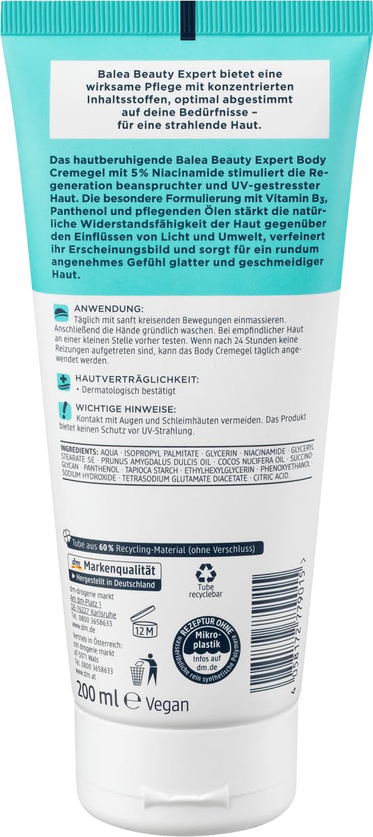 Balea 3er-Set Beauty Expert Hautpflege: Peeling Bodylotion 5% AHA entfernt sanft abgestorbene Hautzellen (2 x 200 ml) + Bodylotion Body Cremegel 5% Niacinamide für feineres Hautbild (200 ml), 600 ml