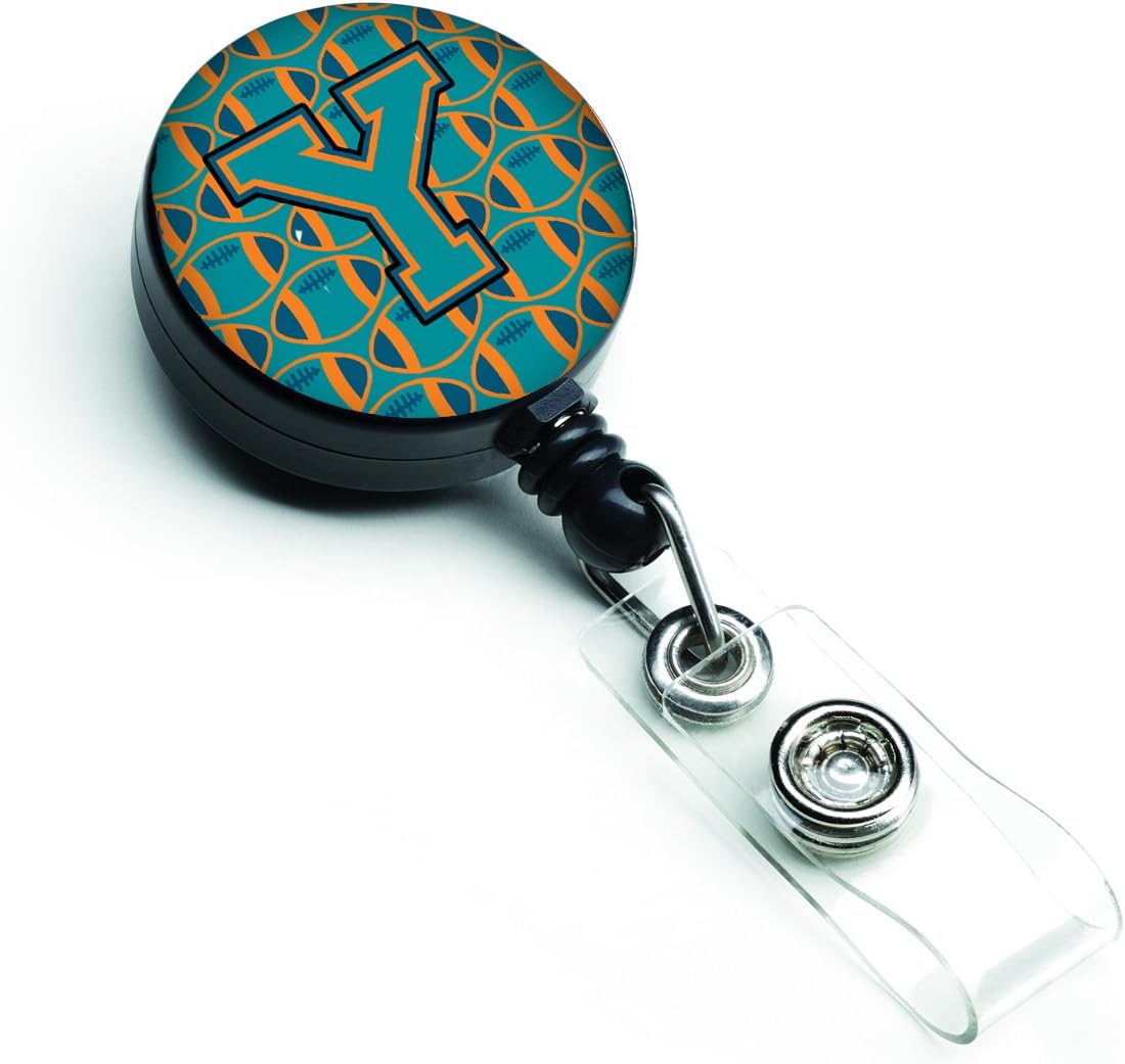 Caroline's Treasures CJ1063-YBR Letter Y Football Aqua, Orange and Marine Blue Retractable Badge Reel for Nurses ID Badge Holder with Clip Retractable Employee Badge Holder, Belt Clip, Multicolor