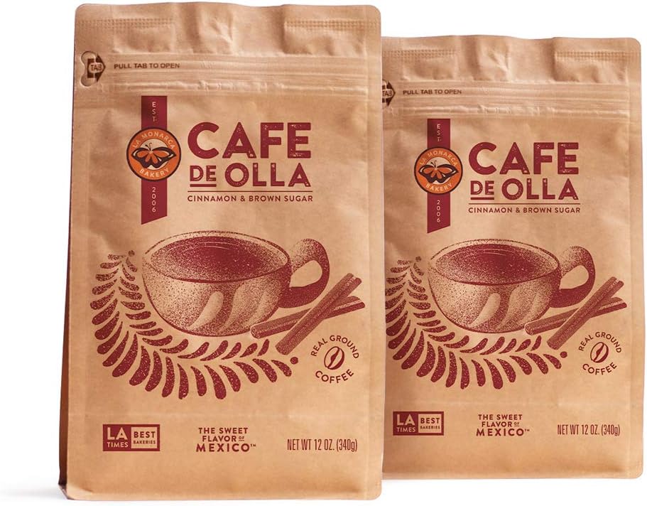 La Monarca Bakery Café De Olla Ground Coffee, 12 Ounce (Pack of 2), Cinnamon and Brown Sugar Spiced Mexican Dark Roast Coffee by