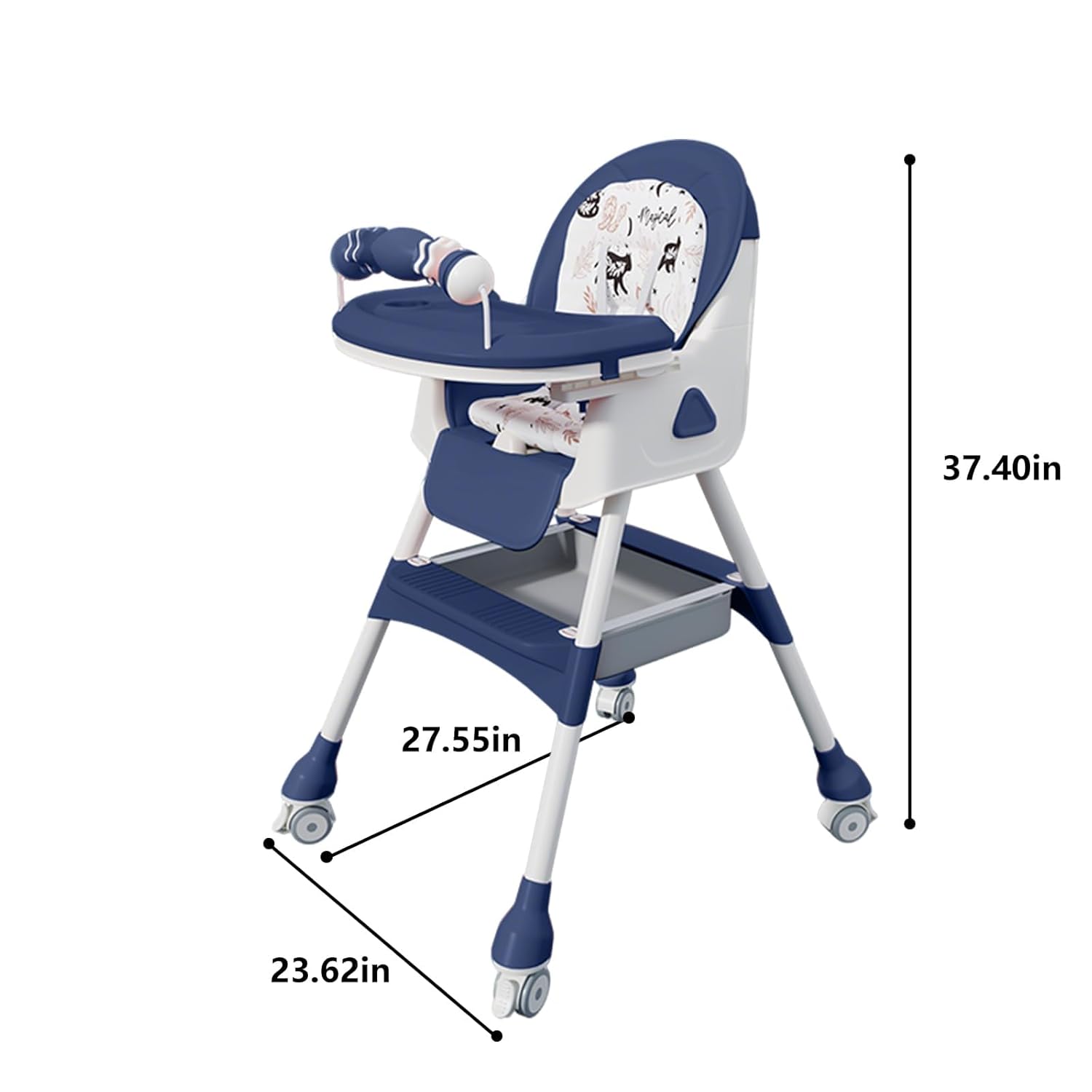 4-in-1 Baby High Chair for Babies & Toddlers, Foldable High Chair with Detachable PU Cushion, Removable Tray, Adjustable Height, Locking Wheels,Blue