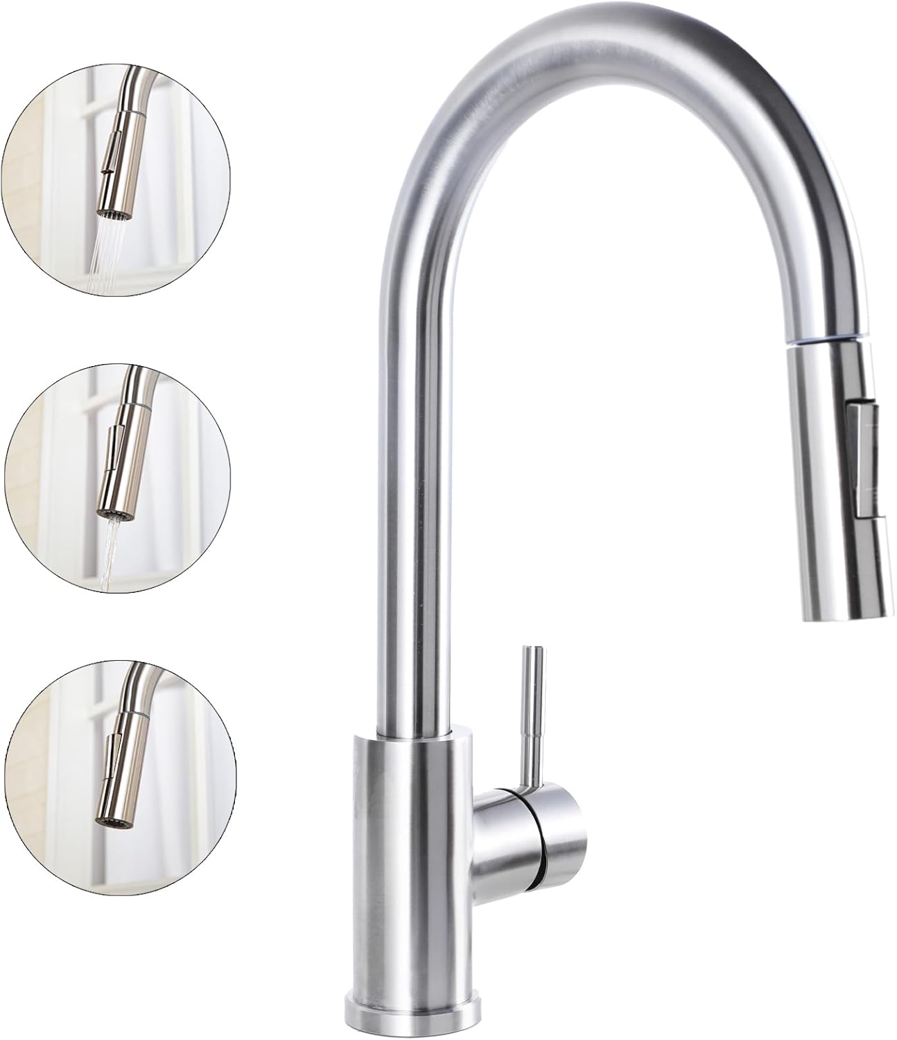 HOTIS Kitchen Sink Faucet Brushed Nickel with Pull Down Sprayer, Single Hole Stainless Steel Bar Faucet, 360° Swivel Pull Out Sink Faucets for Kitchen, Laundry & Bar Sinks Single Handle Brushed Nickel