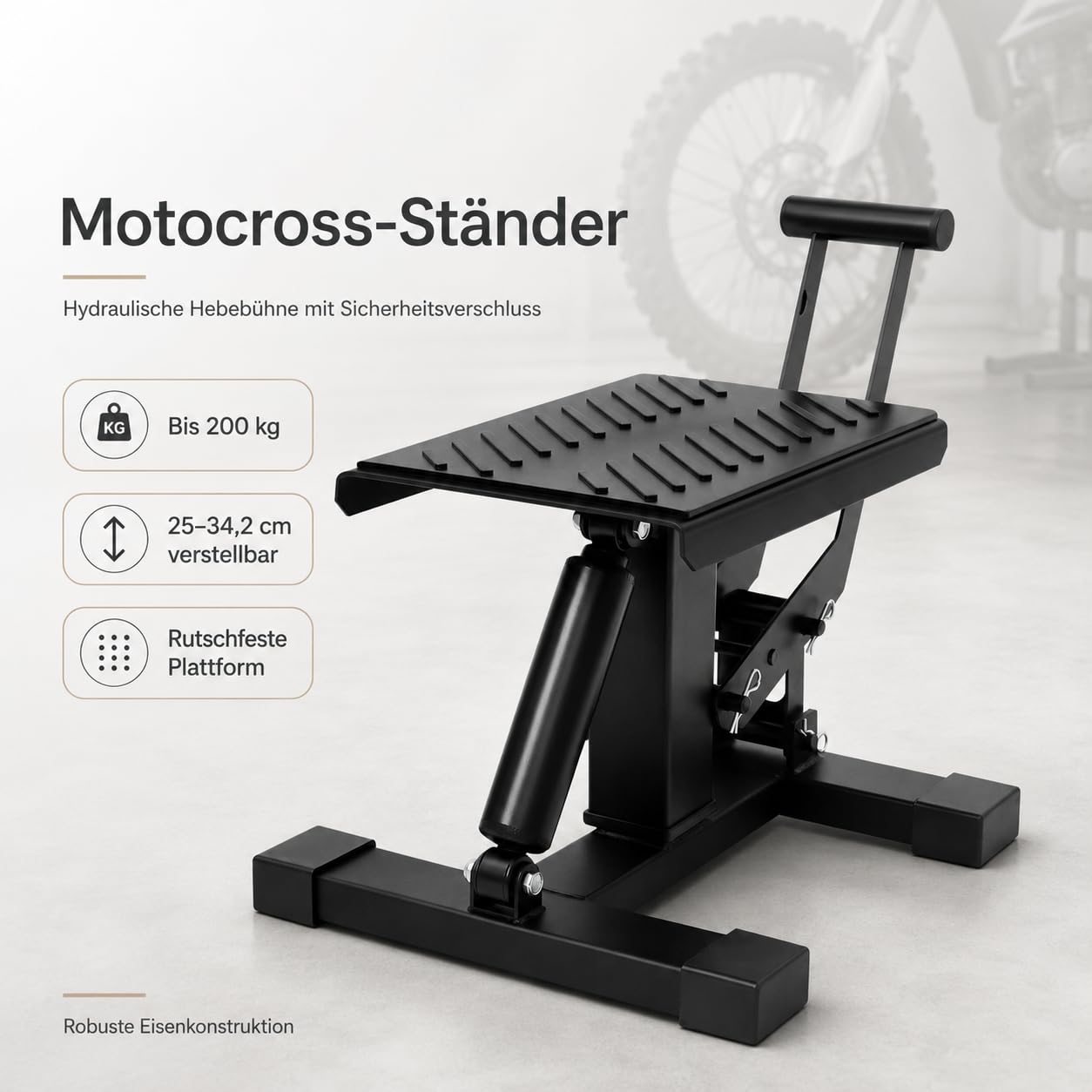 Cavalletto sollevatore per motocross, 200 kg, altezza regolabile | Ponte sollevatore per moto con regolazione in altezza e blocco di sicurezza, supporto idraulico per diverse moto