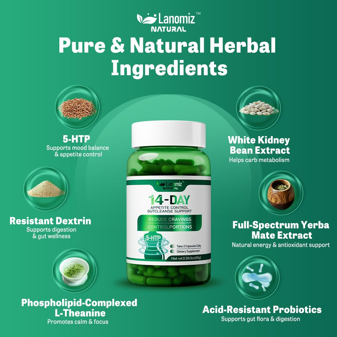 14DAY Appetite & Craving Control Gut Health Complex Featuring Delayed-Release Probiotics & White Kidney Bean Extract 5-HTP(5-hydroxytryptophan) 60 Vegetarian Capsules