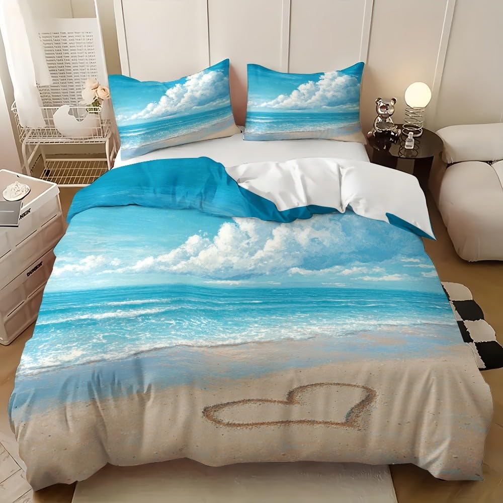 Housse de Couette 260x240 Océan Plage Bleu en Microfibre