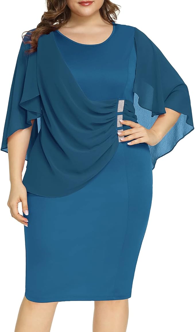 Hanna Nikole Women's Plus Size Chiffon Ruffle Flattering Cape Sleeve Bodycon Pencil Dress