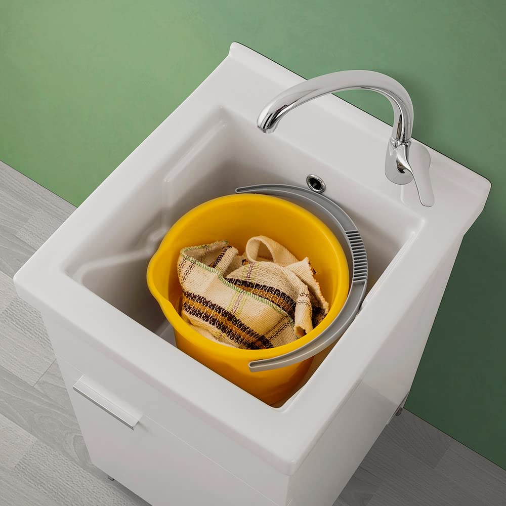 Mobile lavatoio Lavanderia 45x50 cm in Legno con Vasca in Ceramica, Montato, Completo di Kit sifone e piletta (Bianco)