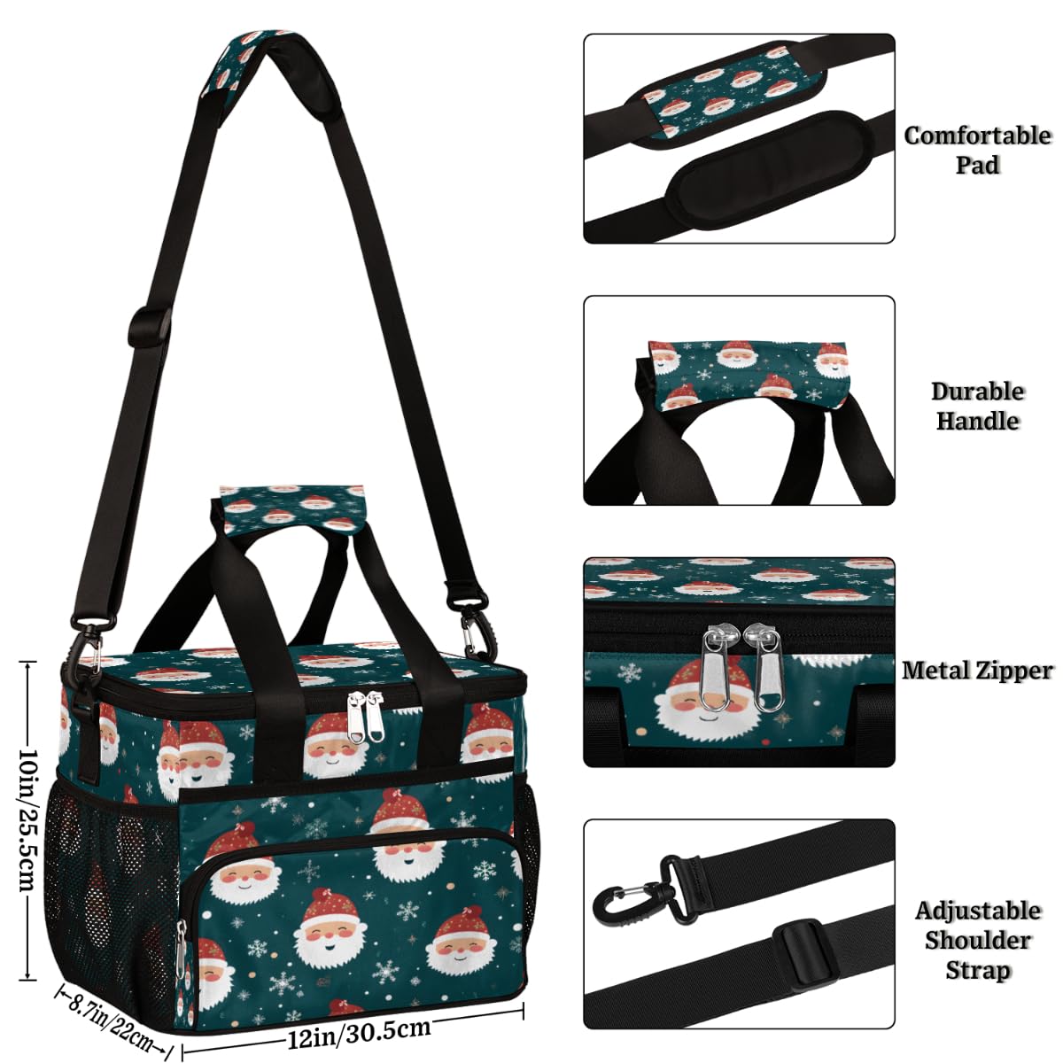 Insulated Picnic Backpack Lunch Box for Women Men Picnic Basket Tote Lunch Bag Picnic Bag Portable Lunch Bags for Picnic, Beach, Work, Trip,Office, Camp Xmas Santa Claus Snow