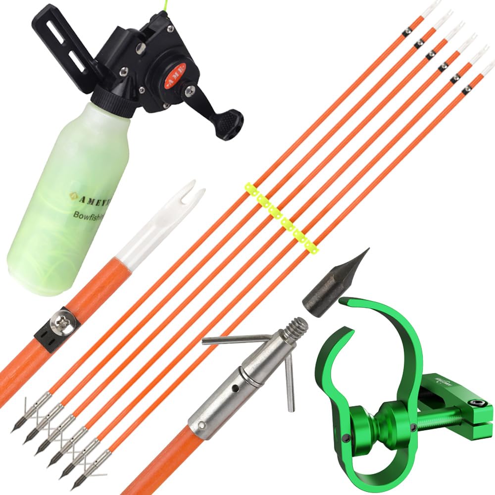 Kit Completo de Pesca con Arco con Flechas y reposaflechas – Cuerda de 40 m | 6 flechas macizas de fibra de vidrio, montaje sencillo, compatible con arcos compuestos y arcos recurvos para pesca con arco