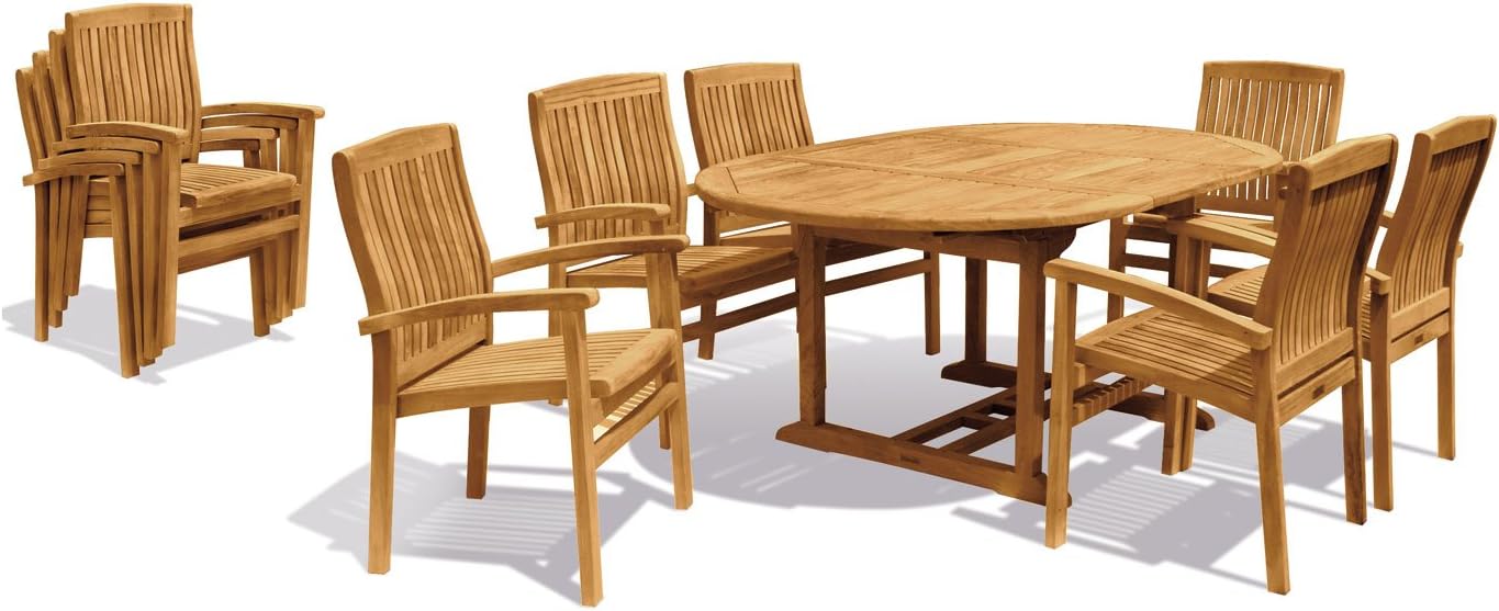 Jati 6-Seater Teak Garden Table and Chairs Set - Grade-A Teak | Oxburgh 1.2-1.8m Round/Oval Extending Dining Table | 6x Cannes Stacking Armchairs | Delivered Ready-Assembled