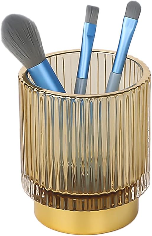 Porta-pincéis de maquiagem de vidro âmbar Fvstar com base metálica, organizador de mesa para pincéis, batons e lápis, 1 unidade