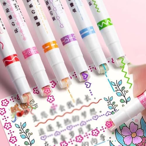Ladruph カーブハイライターペン 6色 カーブペン 水性ペン 蛍光ペン ローラースタンプペン 花柄 ハート 点線 波線 速乾 耐久 手帳 日記 筆記用具 贈り物 教科書/ノード/新聞/手帳にマーキング 色塗り 子供用 勉強 会議 学校 オフィス