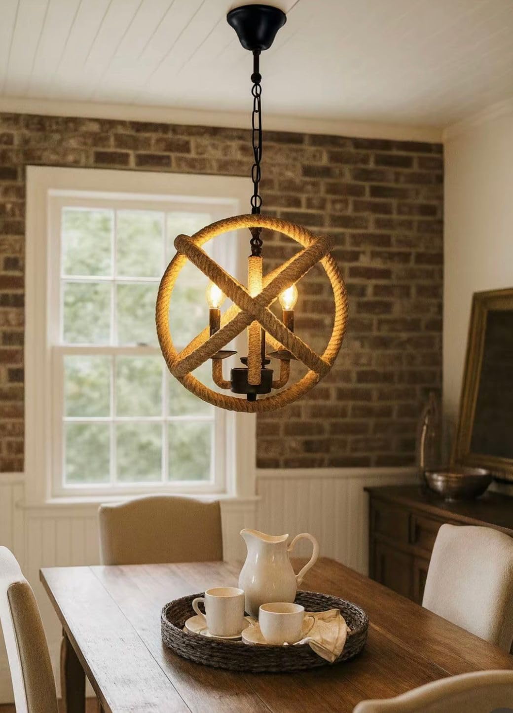 TEKHONE Lampadario a Sospensione Industriale Vintage in Corda di Canapa e Metallo, Attacco E14 Max 60W, Stile Rustico Loft per Cucina Salotto Bar – B55-3