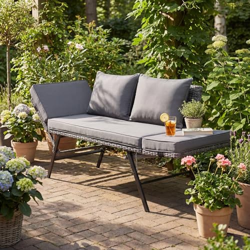 LIFERUN Gartenbank Polyrattan mit Liegefunktion, 2-Sitzer Polyrattan Möbel, Rattan Gartensofa mit...