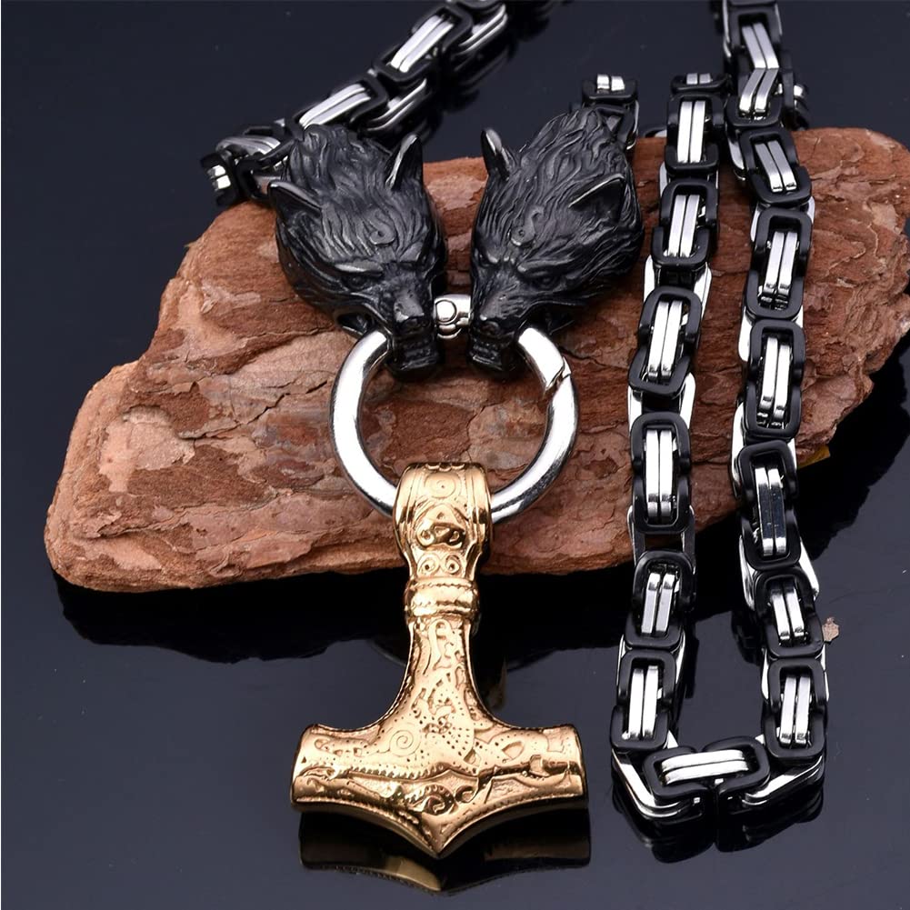 SBRTL Collana Ciondolo Martello Thor in Acciaio Inossidabile Uomo, Testa Lupo Vichingo Odin Fenris Mjölnir Catena Quadrata Bizantina, Gioielli Amuleto Celtico Nordico Stanvia,Nero,70cm