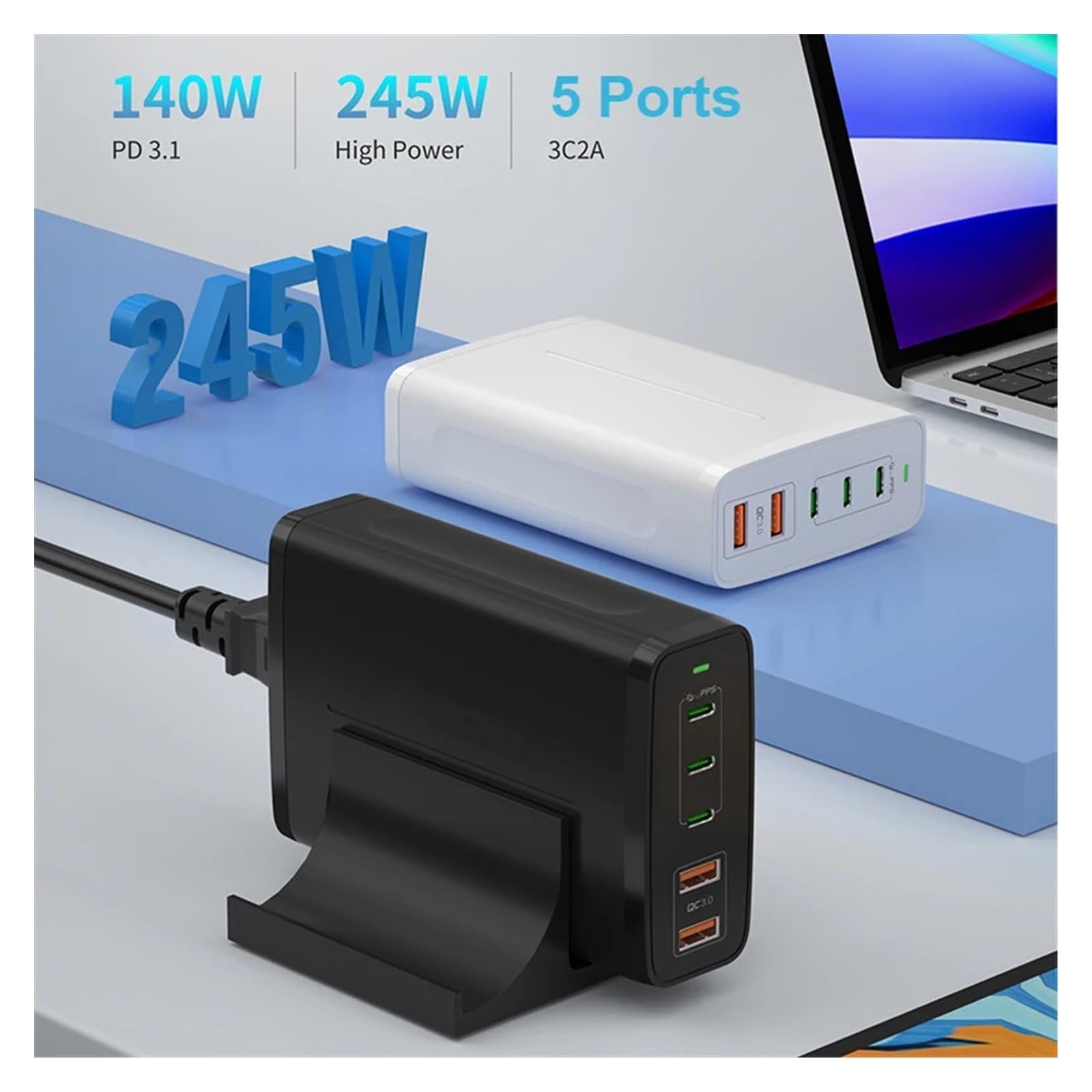 Ładowarka USB, Ładowarka USB C 245 W 5 portów Stacja szybkiego ładowania GaN PD Zasilacz 140 W PD3.1/PPS/QC4+/QC3.0,obsługuje wiele szybkiego ładowania(3pin Plug)
