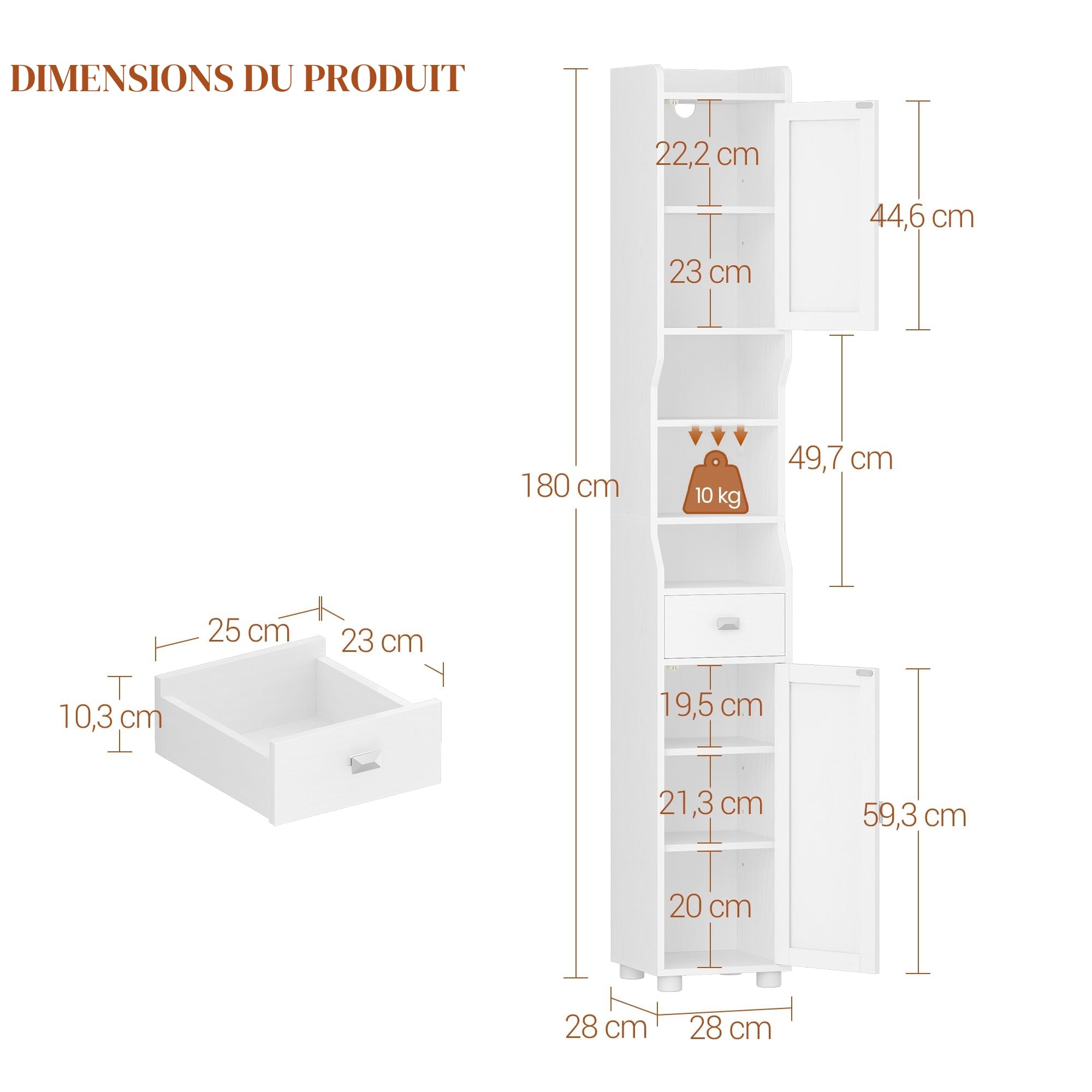 HEXCELEN Armoire de Salle de Bain Étroit, Meuble de Rangement Haute avec 2 Portes et 1 Tiroir, Étagère Réglable, Compartiment Ouvert, pour Salle de Bain, Salon, Cuisine Moderne 28 x 28 x 180 cm Blanc