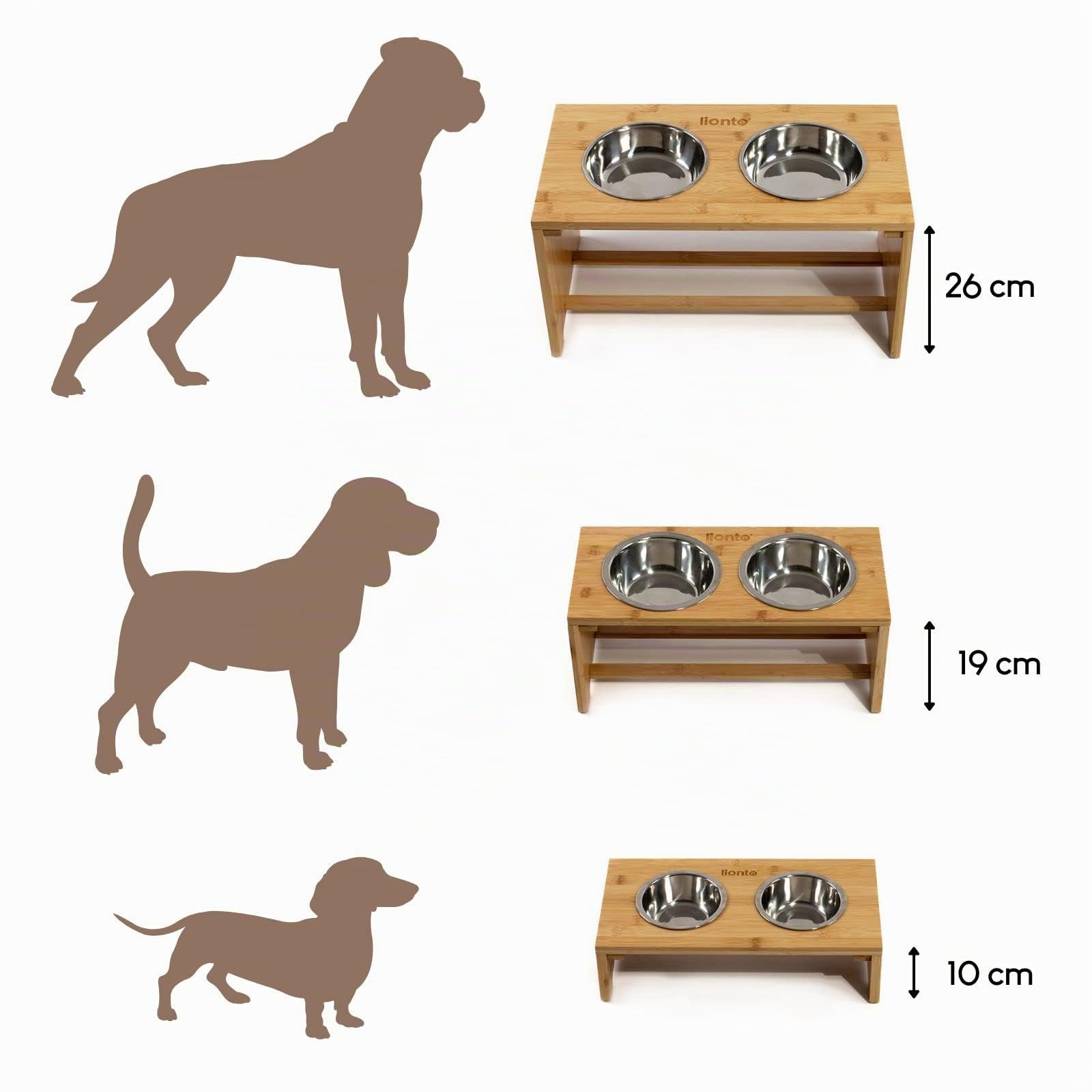 lionto Comedero para Perros Elevado comedero para Perros Barra de Comida de bambú para Mascotas 2 Cuencos de Acero Inoxidable Antideslizante, (M) 44x20x19 cm