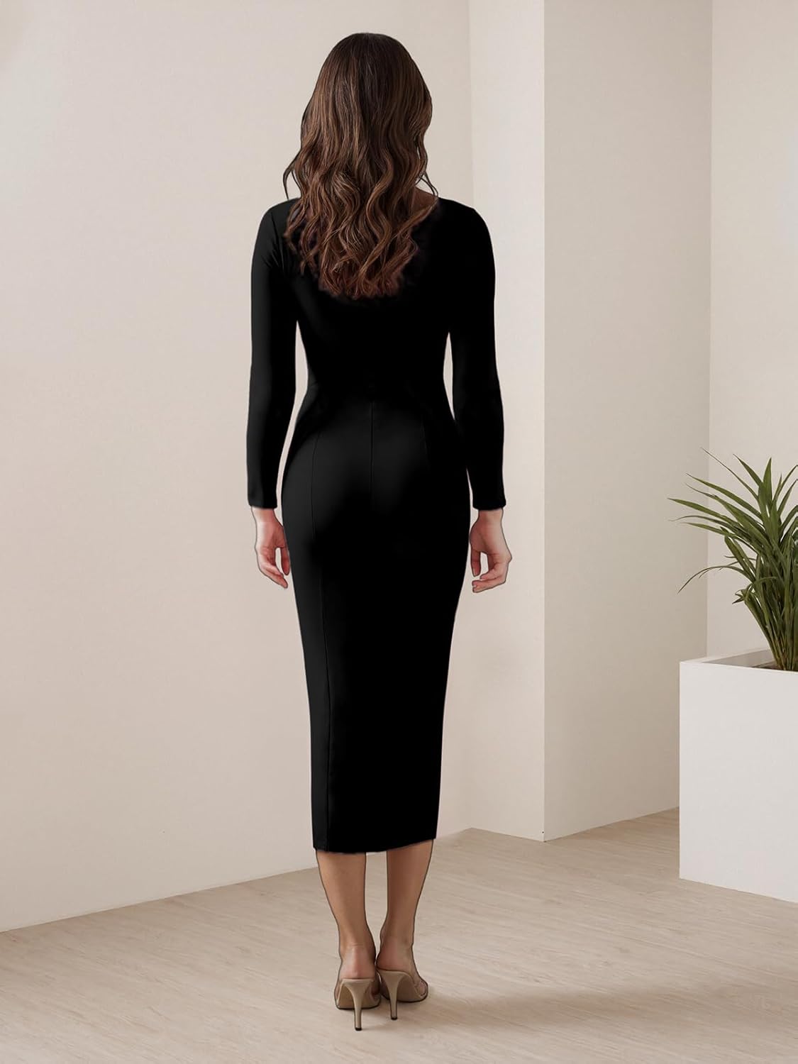Women's Square Bodycon Dress Pocket Long Sleeve Slim Fit Sexy Party Club Maxi Pencil Dresses - Image 3