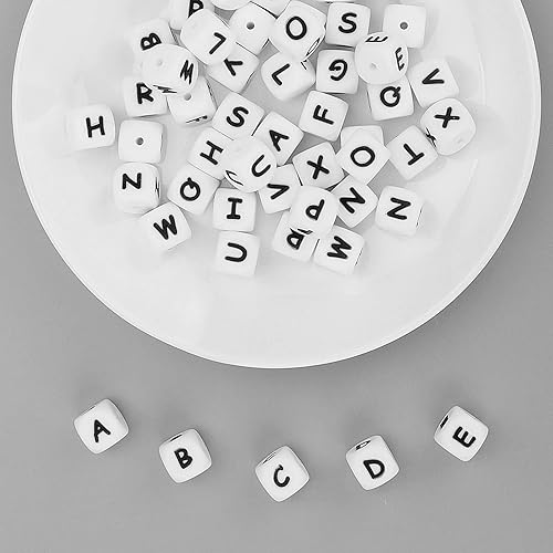 Miniatura 4 de 52 cuentas de silicona con letras de 0.472 in, cuentas cuadradas para hacer pulseras, collares, joyas