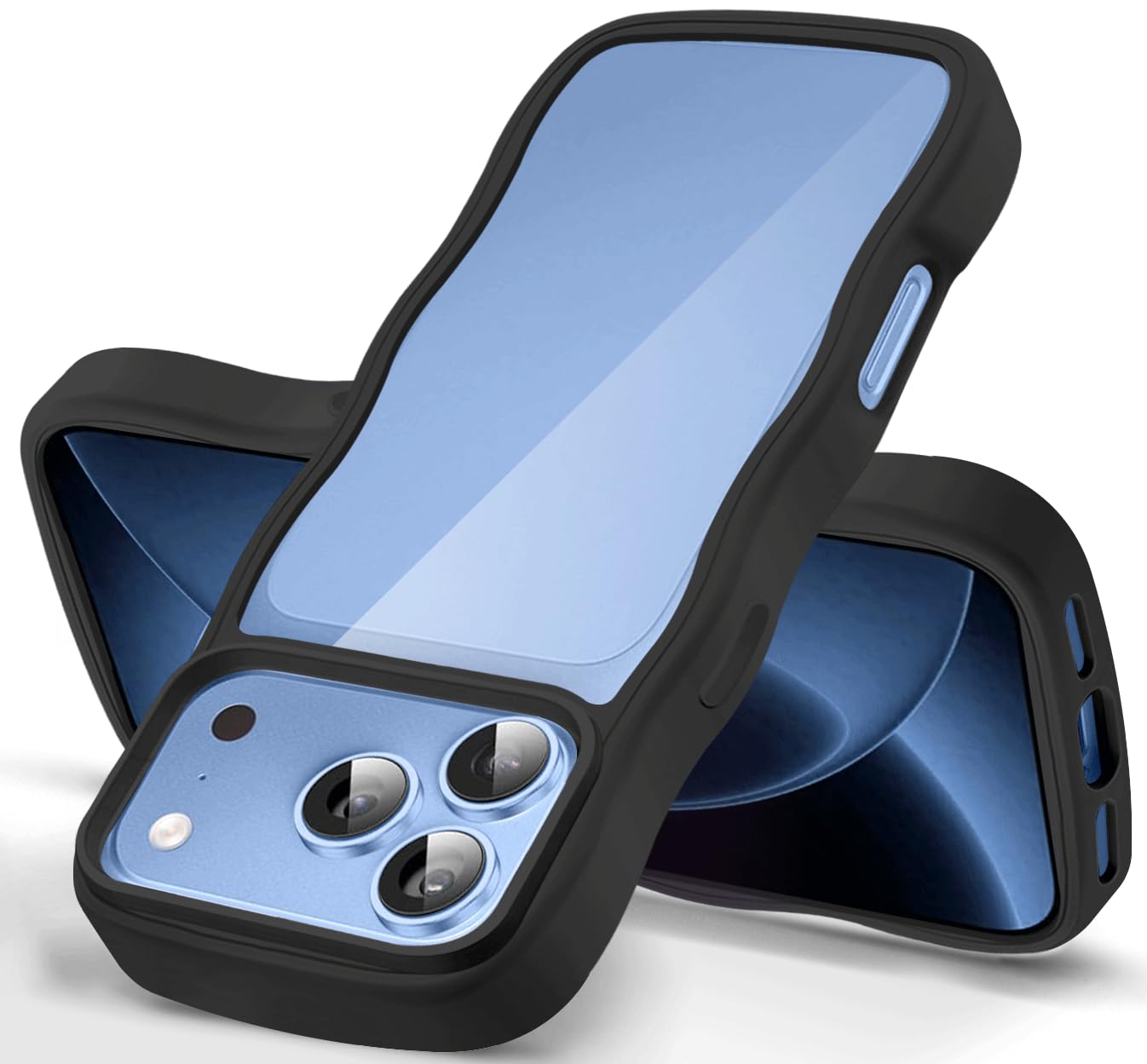 Compatible for iPhone 18 Pro Max/iPhone 17 Pro Max ケース クリア 波型 うねうね かわいい 韓国 ソフト 超軽量 耐衝撃 ストラップホール付き おしゃれ ウェーブ カバー アイフォン18 Pro Max / 17 Pro Max スマホケース とうめい 透明(ブラック)