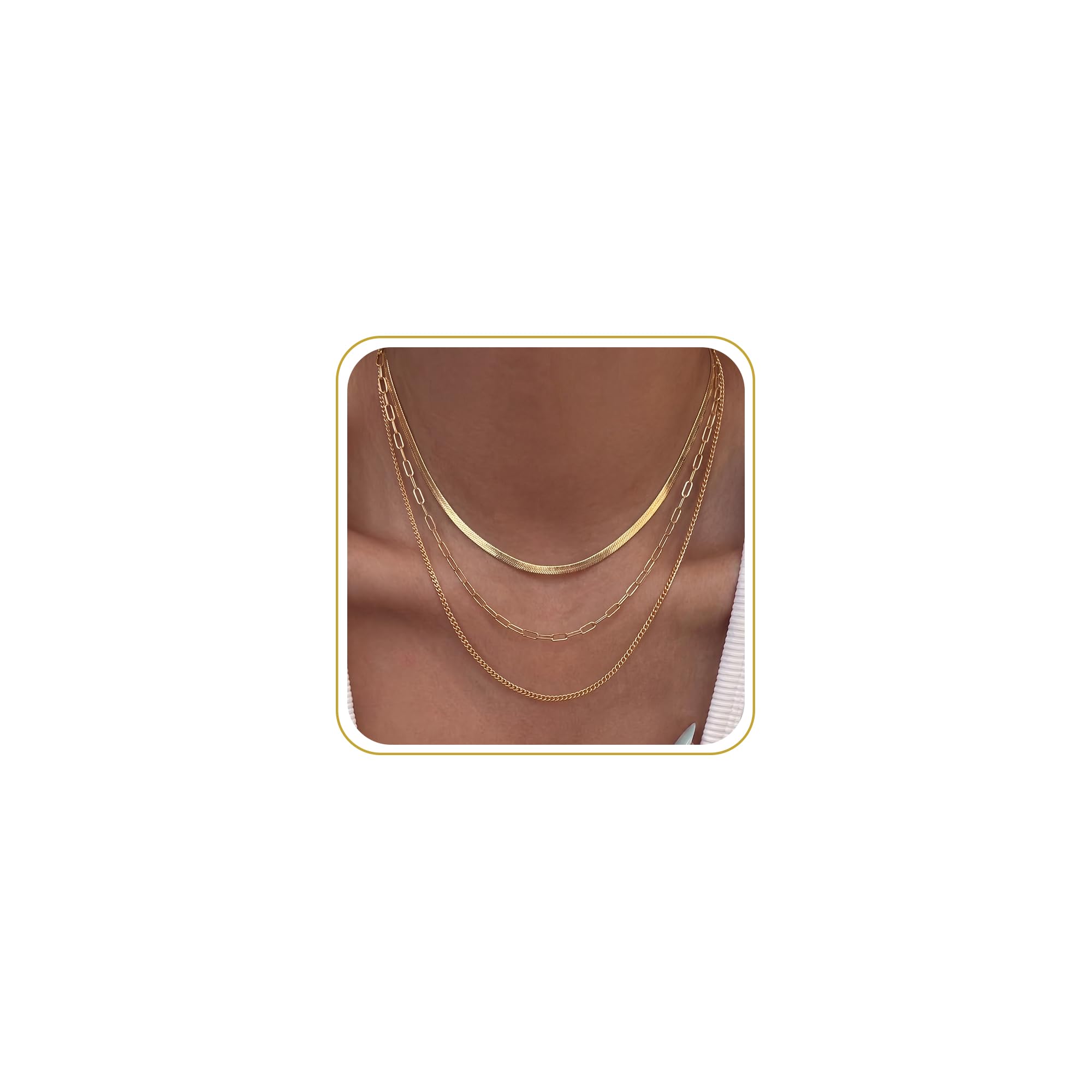 Tewiky Layered Necklaces for Women Non Tarnish- Chunky 14k Gold Plated Herringbone/Snake/Rope/Box/Cuban Link Chain for Women Waterproof Layering Stack Choker Necklace Trendy Dainty Tarnish Free Jewelry Set