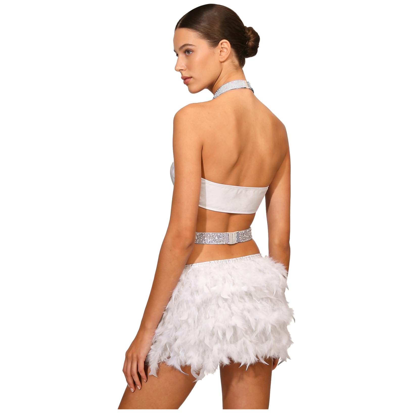 Oyolan Femme Justaucorps Danse Moderne Jazz Latine Salsa Samba Rumba avec Strass Plumes Tenue Danseuse