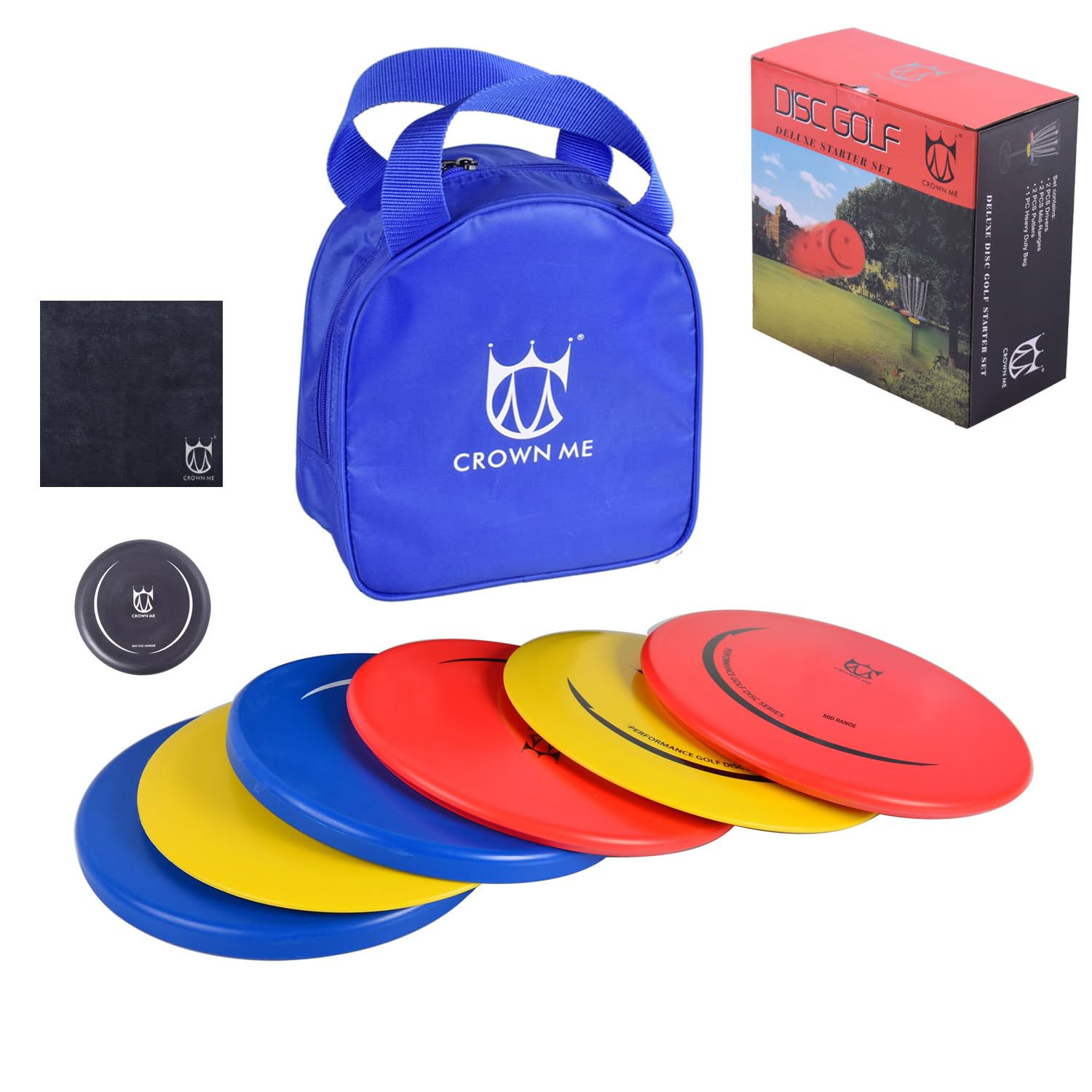 CROWN ME Disc Golf Set with 6 Discs and Starter Disc Golf Blue Bag