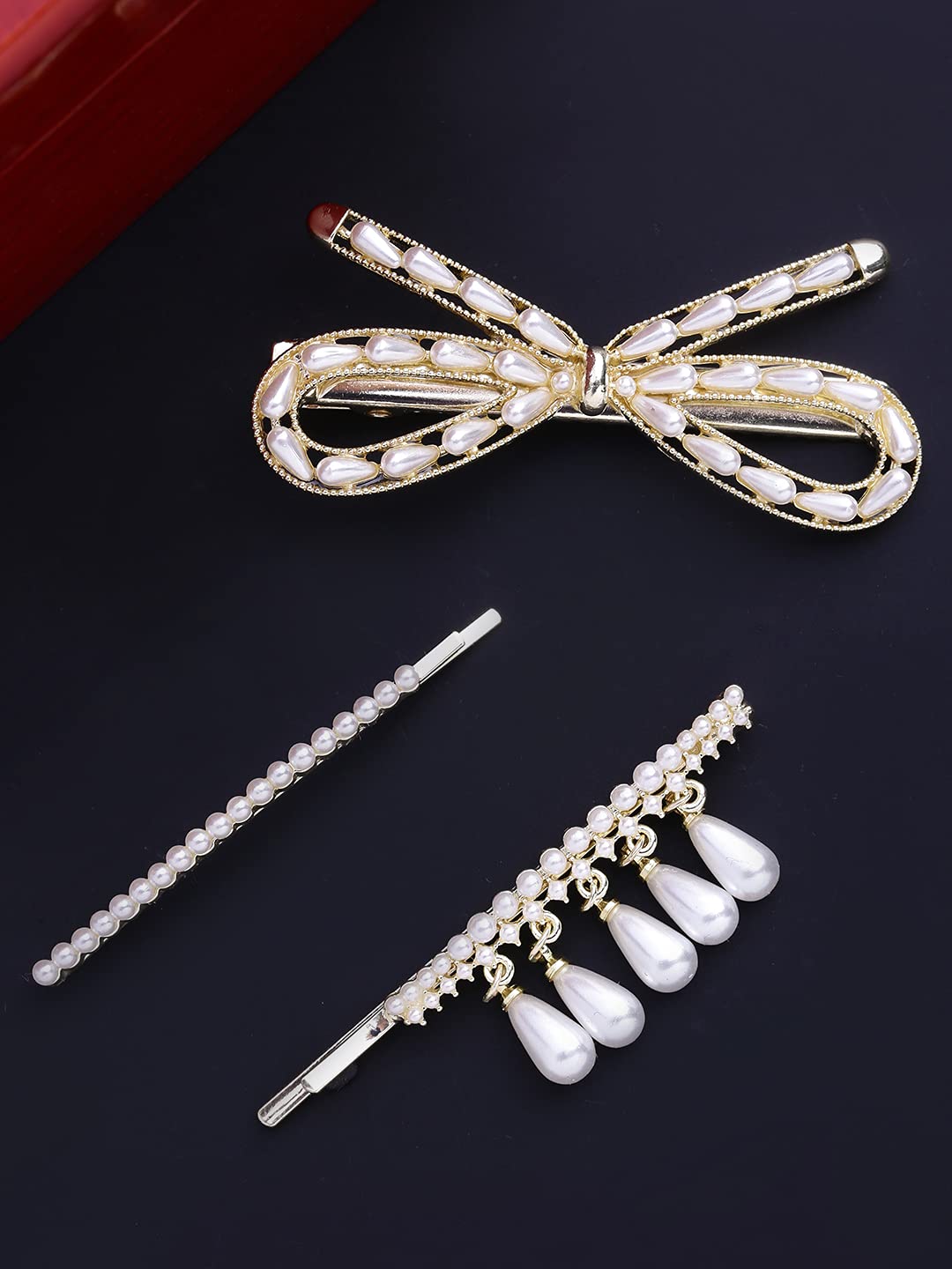 3pc Stylish Bow Tie Pearl Hair Pin Bobby Clips