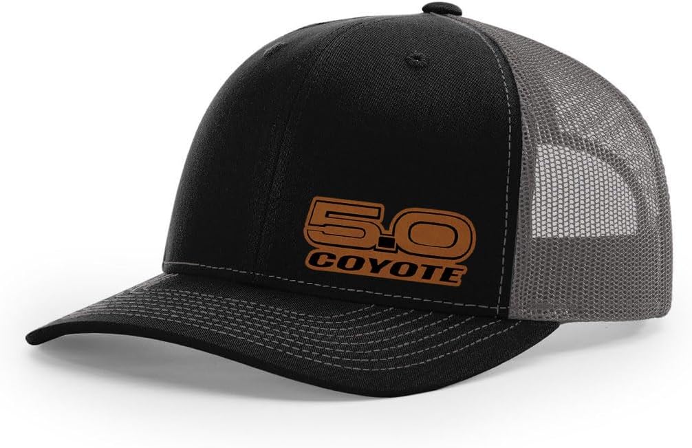 Ford Mustang Coyote 5.0 Logo Side Panel Laser Engraved Leather Patch Richardson 112 Snapback Trucker Hat Cap