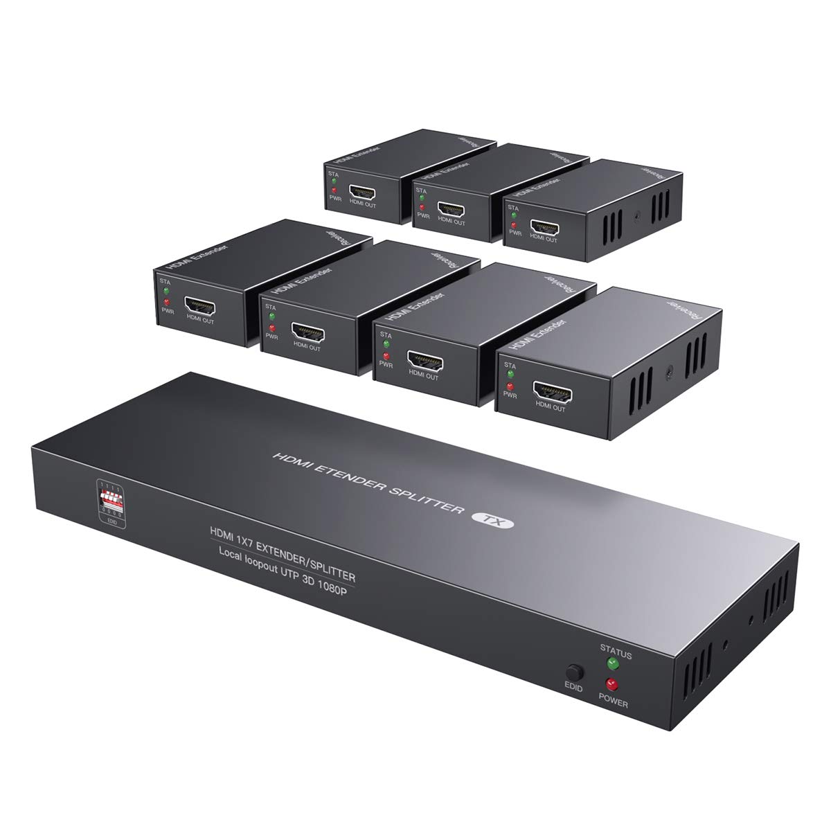 PWAYTEKHDMI Extender Splitter 1x7 1080P@60Hz Over Cat 5E/6/7 Ethernet Cable 50m (164ft) Support HDMI loopout EDID Copy POC Function (1 in 7 Out), Monitor