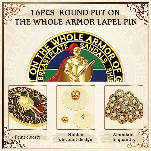 Therwen 16 Pcs Put on The Whole Armor Lapel Pins 1.18 Inch Gold Religious Brooches Christian Lapel Pins Bulk for Men Women(Classic Colors)